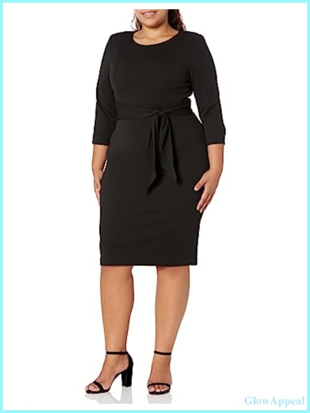 Knit Crepe Tie Waist Sheath Dress Boat Neck 3/4 Sleeve Midi Work